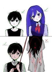  2boys 2girls antenna_hair black_eyes black_hair black_sweater_vest black_tank_top bright_pupils checkmark closed_mouth collarbone collared_shirt commentary double-parted_bangs dress dual_persona hair_between_eyes hanged highres looking_at_another looking_at_viewer mari_(faraway)_(omori) mari_(headspace)_(omori) mari_(omori) multiple_boys multiple_girls neckerchief omori omori_(omori) parted_lips purple_hair purple_sweater_vest red_neckerchief shirt short_hair short_sleeves shushou_(hyogifu2525) simple_background something_(omori) spoilers sunny_(omori) sweatdrop sweater_vest tank_top violet_eyes white_background white_dress white_pupils white_shirt 