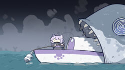  1girl :3 @_@ absurdres ahoge animal_ear_fluff boat cat_girl cat_tail cocomayo29_(tomato) commentary_request fish hair_between_eyes highres hololive hood hoodie korean_commentary nekomata_okayu nekomata_okayu_(1st_costume) onigirya_(nekomata_okayu) paw_print purple_hair tail teeth virtual_youtuber water watercraft 