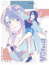  1girl bare_shoulders black_hair black_shirt black_shoes blue_coat blue_shorts bracelet breasts brown_eyes brown_hair character_name closed_mouth coat dissidia_duellum_final_fantasy dissidia_final_fantasy final_fantasy final_fantasy_viii full_body hair_between_eyes highres jewelry long_coat long_hair medium_breasts mini_wings multicolored_hair multiple_views necklace official_alternate_costume outstretched_arms paw_print_soles ring ring_necklace rinoa_heartilly rinoa_heartilly_(student_sorceress) sayaendou0426 shirt shoes shorts smile solo streaked_hair upper_body wings 