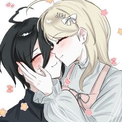  1boy 1girl :i ^_^ adapted_costume ahoge akamatsu_kaede ane_(ayoayoayoay0000) apron black_hair black_shirt blonde_hair blush bow closed_eyes closed_mouth collared_shirt commentary couple cuddling danganronpa_(series) danganronpa_v3:_killing_harmony hair_between_eyes hair_bow hair_ornament hand_on_another's_cheek hand_on_another's_face hand_up happy hetero highres long_hair long_sleeves musical_note musical_note_hair_ornament nose pink_apron profile puffy_long_sleeves puffy_sleeves saihara_shuichi shirt short_hair simple_background smile star_(symbol) upper_body white_background white_bow white_shirt 