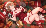  1girl animal_ears arm_strap breasts brown_hair cat cat_ears cat_tail christmas cleavage gift gloves green_eyes hair_ribbon hat highres holding large_breasts leg_ribbon long_hair looking_at_viewer low_twintails lying on_back original red_gloves ribbon santa_costume santa_hat smile solo tail thigh_strap twintails zenn 