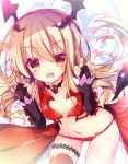  1girl bangs blonde_hair breasts brown_eyes collar dress elbow_gloves eyebrows eyebrows_visible_through_hair fang fingerless_gloves gloves gluteal_fold granblue_fantasy hair_between_eyes hair_ornament long_hair looking_at_viewer nanamomo_rio navel paw_pose pointy_ears red_dress red_legwear revealing_clothes simple_background small_breasts solo thigh-highs thigh_strap vampy_(granblue_fantasy) white_background 