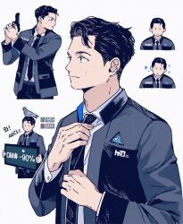  1boy adjusting_clothes adjusting_necktie animal_on_head bird bird_on_head black_eyes black_hair black_necktie closed_mouth collared_shirt commentary_request connor_(detroit) detroit:_become_human grey_jacket gun handgun holding holding_gun holding_sign holding_weapon jacket korean_commentary korean_text lemonmelon00 long_sleeves looking_to_the_side male_focus multiple_views necktie on_head open_clothes open_jacket pigeon shirt short_hair sign sparkle translation_request weapon white_background white_shirt 