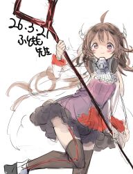  1girl absurdres ahoge animal_ears arknights backless_bodysuit black_thighhighs blush_stickers brown_hair commentary_request curled_horns dot_nose dress eyjafjalla_(arknights) grey_horns highres holding holding_staff horns kamui0226 leg_up long_hair looking_at_viewer mask mask_around_neck one-hour_drawing_challenge sheep_ears sheep_girl sheep_horns short_dress simple_background sketch smile solo staff thigh-highs violet_eyes white_background 