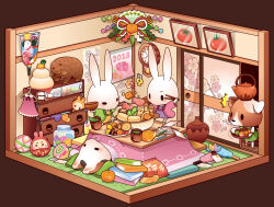  2018 ^^^ bear book book_stack bowl brown_background candy_jar chibi chopsticks clock clothes_hanger commentary_request cooking_pot cup dango daruma_doll diorama dog dress fish floorplan food food_packaging fruit green_tea holding holding_bowl holding_chopsticks hotpot jar kagami_mochi key kotatsu mandarin_orange meat mitarashi_dango mooncake mushroom nabe no_humans orange_(fruit) original picture_frame plate rabbit sanshoku_dango shiitake shimekazari shouji shrimp simple_background sliding_doors socks spinning_top subaru_(jack) table tea tomato under_kotatsu under_table wagashi wall_clock wardrobe yunomi 