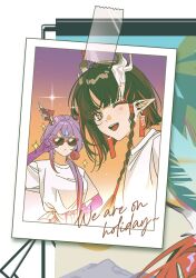  2girls adjusting_eyewear arknights black_hair chinese_commentary closed_mouth colored_extremities commentary_request dragon_girl dragon_horns earrings english_text facial_mark fan_mu_zhang hand_on_own_hip hand_up highres horns jewelry jie_(arknights) jun_(arknights) long_hair looking_at_viewer mark_under_both_eyes multicolored_hair multiple_girls one_eye_closed open_mouth orange_hair pointy_ears polaroid_photo pom_pom_(clothes) pom_pom_earrings purple_hair purple_hands short_hair siblings sisters smile streaked_hair sunglasses teeth upper_teeth_only 