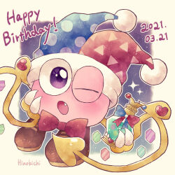  1boy blue_hat bow bowtie brown_shoes commentary_request creature dated fang full_body happy_birthday hat jester_cap kirby_(series) kirby_super_star looking_at_viewer male_focus marx_(kirby) no_humans one_eye_closed open_mouth red_bow red_bowtie red_hat ro2noki shoes solo two-tone_headwear violet_eyes 