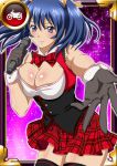  00s 1girl bare_shoulders bashoku_youjou blue_hair blush breasts card_(medium) cleavage female hair_ornament ikkitousen large_breasts leaning_forward legs looking_at_viewer shiny shiny_skin short_twintails smile solo standing thigh-highs twintails violet_eyes 
