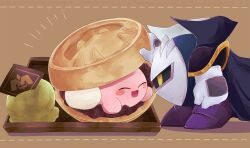  :d ^_^ absurdres black_cape blush_stickers boots brown_background cape closed_eyes commentary_request food gloves highres in_food kirby kirby_(series) kulenoa mask meta_knight monaka_(food) no_humans open_mouth purple_boots smile white_gloves 
