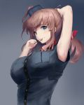  1girl adjusting_hair arm_behind_head armpits bare_arms blue_eyes breast_pocket breasts brown_hair hair_grab highres kantai_collection large_breasts light_smile long_hair looking_at_viewer mouth_hold red_neckerchief saratoga_(kantai_collection) side_ponytail smile takeichi_yui upper_body 