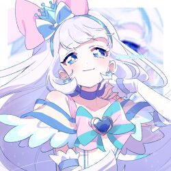  1girl aqua_bow aqua_bowtie blue_choker blue_crown blue_eyes blue_hairband bow bowtie brooch choker closed_mouth commentary crown crown_earrings cure_nyammy dress earrings elbow_gloves gloves hair_bow hairband half_gloves heart heart_brooch jewelry long_hair looking_at_viewer magical_girl mini_crown nekoyashiki_yuki off-shoulder_dress off_shoulder pink_bow precure serizawa_serizane smile solo tilted_headwear twitter_username upper_body white_dress white_gloves white_hair wonderful_precure! zoom_layer 