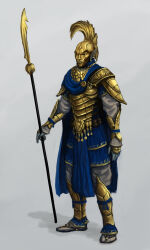  1boy absurdres armor blue_cape blue_loincloth blue_scarf cape colored_skin commentary english_commentary full_body gold_armor gold_bracer grey_background grey_skin highres holding holding_polearm holding_weapon male_focus mohawk ordinator_armor ordinator_guard ordinator_helmet ornate_armor polearm sandals scarf shoulder_armor spear standing swietopelk the_elder_scrolls the_elder_scrolls_iii:_morrowind weapon 
