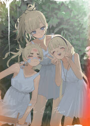  3girls :d absurdres bandaged_fingers bandages bandaid bandaid_on_arm bandaid_on_face bare_arms bare_shoulders blonde_hair blue_eyes blush child closed_eyes closed_mouth collarbone commentary cross cross_necklace double_v dress earrings feet_out_of_frame hands_up highres holding holding_sword holding_weapon jewelry jin_yu0810 long_hair looking_at_another looking_at_viewer multiple_girls necklace one_eye_closed original ponytail sleeveless sleeveless_dress smile sword teeth untranslatable_commentary upper_teeth_only v weapon white_dress wooden_sword yellow_eyes 