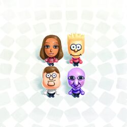  1girl 3boys ao_oni bald bart_simpson black_eyes black_pants blue_pants blush brown_eyes brown_hair colored_skin dark-skinned_female dark_skin family_guy highres jacket long_hair looking_at_viewer mii_(nintendo) mii_plaza multiple_boys nintendo pants pink_lips pinkpantheress plaid_clothes plaid_jacket purple_skin real_life red_jacket red_shirt shirt smile smirk startropica the_oni_(ao_oni) the_simpsons topless_male white_shirt 