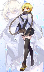  1girl absurdres black_necktie black_skirt black_thighhighs blonde_hair breasts brown_shoes cape chain chained chained_wrists collar commentary_request don_quixote_(project_moon) gloves highres index_(identity)_(project_moon) korean_commentary limbus_company necktie open_mouth project_moon shirt shoes short_hair skirt solo thigh-highs white_cape white_gloves white_shirt yellow_eyes 