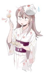  1girl alternate_hairstyle artist_name bags_under_eyes brown_eyes brown_hair commentary_request cowboy_shot enemy_aircraft_(kancolle) food hair_down hair_ornament holding holding_food holding_plate ikusotsu japanese_clothes kantai_collection kimono long_hair magatama magatama_hair_ornament magatama_print mask mask_on_head obi open_mouth plate ryuujou_(kancolle) sash signature solo sweatdrop yukata 