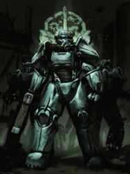  3others absurdres brotherhood_of_steel commentary energy_gun english_commentary fallout gun highres holding holding_gun holding_weapon laser_rifle logo mihael_milanovic multiple_others power_armor_(fallout) standing weapon 