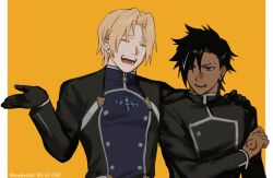  2boys anekadokt black_gloves black_hair blonde_hair brooch close-up colored_eyelashes dark-skinned_male dark_skin earrings forbartz_xylo gloves hair_intakes hair_over_one_eye hand_on_another's_shoulder highres jewelry long_sleeves looking_at_another male_focus multicolored_hair multiple_boys open_mouth portrait priest rhyno_(yuushakei_ni_shosu) scar scar_across_eyebrow scar_on_face short_hair simple_background smile teeth upper_body white_hair yellow_background yellow_eyes yuushakei_ni_shosu 