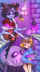  1girl 1other 2018 2d ambiguous_gender anthro arachnid arthropod arthropod_girl artist_name black_hair black_sclera blue_sweater bottle bow brick brick_wall brown_hair brown_shorts child colored_sclera commentary cup digital_media double_horizontal_stripe doughnut english_commentary extra_arms extra_eyes fangs female food frisk_(undertale) hair_bow hand_on_another's_head holding holding_cup holding_plate holding_teapot horizontal-striped_clothes human monster monster_girl muffet muffet's_pet nexusmonstrum pink_stripes plate pouring puffy_short_sleeves puffy_shorts puffy_sleeves purple_skin red_bow shelf shirt short_hair short_twintails shorts signature sparkle spider spider_girl spider_web striped_clothes striped_sweater teacup teapot twintails two-tone_sweater undertale utdr_(toby_fox) wall 