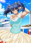  00s 1girl bashoku_youjou blue_hair breasts cleavage female hair_ornament ikkitousen large_breasts legs looking_at_viewer short_twintails skirt sky smile solo twintails violet_eyes 