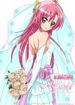  1girl back bare_back bare_shoulders blush breasts hair_ornament hayate_no_gotoku! highres katsura_hinagiku long_hair looking_at_viewer looking_back pink_hair sideboob smile solo veil wedding_dress white_gloves yellow_eyes 