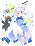  1girl absurdres animal animal_on_head anko_(gochuumon_wa_usagi_desuka?) arm_up between_legs blue_bow blue_eyes blue_gk blue_ribbon bow bowtie bunny_on_head dress eyebrows eyebrows_visible_through_hair full_body gloves gochuumon_wa_usagi_desu_ka? hair_ornament hand_between_legs highres holding holding_spoon kafuu_chino lace lace-trimmed_gloves long_hair looking_at_viewer pantyhose rabbit ribbon silver_hair solo tippy_(gochuumon_wa_usagi_desuka?) twintails white_gloves white_legwear wild_geese 