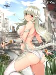  1girl artist_name ass au_ra back bangs bikini blue_sky blunt_bangs blush bracelet breasts clouds cloudy_sky day dragon_horns dragon_tail earrings eyebrows eyebrows_visible_through_hair final_fantasy final_fantasy_xiv grass green_eyes heterochromia horns jewelry knee_up long_hair looking_at_viewer looking_back medium_breasts outdoors parted_lips red_eyes ring scales shaojiang shiny shiny_hair sideboob silver_hair sky solo swimsuit tail teeth thigh-highs thighs white_bikini white_legwear 