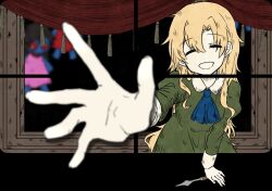  1girl ascot blonde_hair blue_ascot closed_eyes commentary doll_(ib) dress facing_viewer foreshortening fourth_wall green_dress highres ib_(kouri) kuiruri long_hair long_sleeves mary_(ib) open_mouth outstretched_arm palette_knife picture_frame reaching reaching_towards_viewer smile solo through_medium upper_body 