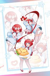  3girls ;p absurdres blue_hair blue_sweater blush bottle commentary cross-shaped_pupils eye_mask food heart heart_hands highres holding holding_bottle holding_plate honkai:_star_rail honkai_(series) ketchup_bottle laurel_crown magictuna mask multiple_girls omelet omurice one_eye_closed open_mouth plate red_hair red_shoes shirt shoes short_hair sweater symbol-shaped_pupils thigh-highs tongue tongue_out trianne_(honkai:_star_rail) tribbie_(honkai:_star_rail) trinnon_(honkai:_star_rail) triplets untranslatable_commentary white_shirt white_thighhighs white_wings wings 