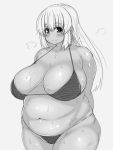  1girl arms_behind_back bikini blush breasts fat female huge_breasts long_hair looking_at_viewer monochrome navel original plump sanagimaru7974 simple_background smile solo standing sweat swimsuit tensai427 thick_eyebrows white_background 