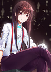  1girl arm_at_side black_background black_pants brown_hair center_frills closed_mouth collared_shirt commentary_request crossed_legs dress_shirt eyes_visible_through_hair feet_out_of_frame frilled_shirt frills from_below gloves hair_between_eyes hand_on_own_knee heaven_burns_red highres long_hair long_sleeves looking_at_viewer metako_(slime_shop) pants red_eyes red_pupils shirt sidelocks simple_background sitting sleeves_rolled_up smile solo straight_hair suspender_pants suspenders white_gloves white_shirt yanagi_mion 