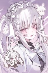  1girl :3 absurdres bccch123 bow chibi closed_mouth commentary diamond_(shape) diamond_facial_mark diamond_on_cheek dress facial_mark frilled_hairband frills hair_bow hairband heart heart_facial_mark heart_on_cheek highres honkai:_star_rail honkai_(series) mark_under_both_eyes pink_eyes sad solo sparkle_(honkai:_star_rail) sparxie_(honkai:_star_rail) tongue tongue_out untranslatable_commentary upper_body white_bow white_dress white_hair white_hairband 