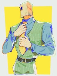 1boy adjusting_clothes adjusting_necktie alternate_costume arms_up bag bag_over_head belt belt_buckle black_belt blue_shirt border buckle butchery00 collared_shirt commentary_request cropped_legs faust_(guilty_gear) green_pants green_vest guilty_gear guilty_gear_strive highres long_sleeves male_focus necktie pants paper_bag pinstripe_pants pinstripe_pattern pinstripe_vest shirt sleeve_cuffs solo vest white_border wing_collar yellow_necktie 