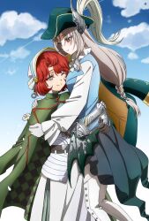  2girls ;) arms_around_waist black_overskirt blue_cape blue_eyes blue_hat blue_sky blue_vest blush boots cape clouds coat feet_out_of_frame flower gauntlets gloves green_coat grey_eyes grey_hair hair_ornament hat highres holding holding_flower hug_carry long_hair looking_at_another looking_at_viewer low-tied_long_hair low_wings marsha_(reverse:1999) multiple_girls official_alternate_costume one_eye_closed parted_lips red_hair reverse:1999 sentinel_(reverse:1999) shirt short_hair skirt sky smile thigh_boots upper_body vest white_boots white_flower white_gloves white_hat white_shirt white_skirt wings yuri yuyu_(oiun461) 