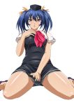  00s 1girl bashoku_youjou blue_hair blush breasts female hair_ornament ikkitousen large_breasts legs looking_at_viewer parted_lips shiny shiny_skin short_twintails sitting solo twintails violet_eyes 