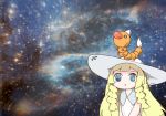  1girl bangs bare_arms blonde_hair blunt_bangs braid collared_dress commentary dress hat lillie_(pokemon) long_hair mato_tsuyoi parody pokemon pokemon_(creature) pokemon_(game) pokemon_sm sleeveless sleeveless_dress solo space star_(sky) sun_hat sundress twin_braids weedle white_dress white_hat 