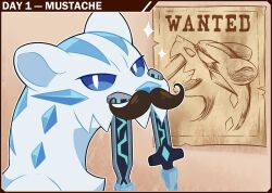  andyocelotvt blue_eyes bright_pupils chien-pao english_text fake_facial_hair fake_mustache fangs highres looking_at_viewer no_humans pokemon pokemon_(creature) poster_(object) slit_pupils upper_body wanted_poster white_fur white_pupils 