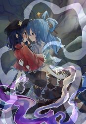  2girls absurdres blue_dress blue_eyes blue_hair blush chinese_clothes commentary_request dress hagoromo hair_ornament hair_rings hair_stick hat_ornament highres jiangshi kaku_seiga kouten looking_at_another medium_hair miyako_yoshika multiple_girls ofuda puffy_sleeves red_shirt shawl shirt short_sleeves smile star_(symbol) star_hat_ornament ten_desires touhou yuri 