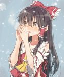  1girl ascot black_hair blue_background breathing_on_hands brown_eyes cold detached_sleeves hair_ribbon hair_tubes hakurei_reimu jewriel long_hair looking_to_the_side looking_up ribbon sketch snowing solo touhou twitter_username upper_body 