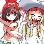  2girls black_hair blonde_hair braid closed_eyes dress female_protagonist_(pokemon_sm) hat lillie_(pokemon) long_hair multiple_girls pokemon pokemon_(game) pokemon_sm pose q_jitsu short_hair smile sun_hat sundress 