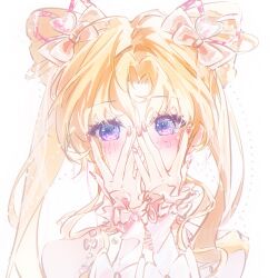  1girl aliu6624 arm_bow arm_warmers bare_shoulders bead_necklace beads blonde_hair bow bow_in_eye chinese_commentary commentary_request cone_hair_bun covering_own_mouth double_bun dreamtime_bestowed_(infinity_nikki) dress eyelashes frilled_arm_warmers frills hair_between_eyes hair_bow hair_bun hair_ornament hair_over_shoulder hair_ribbon heart heart_hair_ornament highres infinity_nikki jewelry light_blush long_hair nail_art necklace nikki_(series) parted_bangs peeking_through_fingers pink_arm_warmers pink_bow pink_nails pink_ribbon ribbon simple_background sleeveless sleeveless_dress solo spaghetti_strap sprinkles straight-on twintails upper_body violet_eyes wavy_hair white_background 