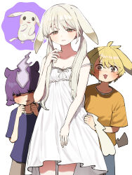  1girl 2boys :3 absurdres animal_ears bare_shoulders blonde_hair blue_shirt breasts brown_eyes chroong commentary_request creature_and_personification crying crying_with_eyes_open dress droopy_ears grey_hair highres long_hair looking_at_viewer multiple_boys orange_shirt parted_lips peakychu personification pikachu pokemon pokemon_(creature) pokemon_pokopia purple_hair shirt short_hair short_sleeves simple_background sleeveless sleeveless_dress small_breasts strap_slip t-shirt tail tears toxel violet_eyes white_background white_dress 