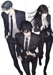  1girl 2boys absurdres adjusting_clothes adjusting_necktie black_hair black_necktie black_pants black_shoes blue_hair chamuring chana_kang closed_mouth collared_shirt commentary_request dress_pants dress_shirt dress_shoes full_body han_maru hand_in_pocket highres korean_commentary long_hair looking_to_the_side multiple_boys necktie official_art pants red_eyes seon-woo_eden shirt shoes short_hair simple_background special_civil_servant standing white_background white_shirt 