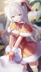  1girl absurdres capelet commentary_request dress fake_facial_hair fake_mustache fur-trimmed_capelet fur-trimmed_dress fur_trim fur_wrist_cuffs gloves grey_eyes grey_hair halo hat highres long_hair looking_at_viewer mec_e open_mouth original red_capelet red_dress red_gloves red_hat sack santa_costume santa_dress santa_hat solo white_wrist_cuffs wrist_cuffs 