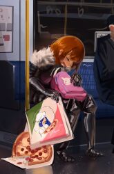  1girl absurdres armor backpack bag bag_on_lap black_hair black_jacket black_pants blue_hair capelet chef_hat closed_eyes commentary cuirass drooling english_commentary facial_hair fake_facial_hair fake_mustache food fur_capelet gauntlets grey_armor guantanima_ii_(shadches72) hat highres jacket long_hair long_sleeves medium_hair meme mustache open_mouth orange_hair original pants pepperoni pepperoni_pizza photo-referenced pink_bag pizza pizza_box pole saliva shadches72 sitting sleeping solo_focus train_interior unemployed_knight_(shadches72) unworn_backpack unworn_bag white_hat white_jacket 