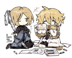  1boy 1girl black_necktie black_skirt blonde_hair blue_jacket bob_cut crayon crayon_drawing cuffs-to-collar deathday_0102 don_quixote_(project_moon) drawing_(object) faust_(project_moon) gold_collar haori highres holding holding_drawing index_(identity)_(project_moon) jacket japanese_clothes katana limbus_company long_sleeves necktie ootachi pinky_(identity)_(project_moon) project_moon sheep short_hair simple_background sinclair_(project_moon) skirt sword undershirt weapon white_background wide_sleeves yellow_eyes yi_sang_(project_moon) 