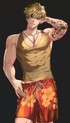 1boy arm_behind_head arm_tattoo beard_stubble black_hair blonde_hair blue_eyes bracelet brown_tank_top commentary covered_abs covered_pectorals cowboy_shot drawstring earrings english_commentary facial_hair fangs fish_hook floral_print flower flower_tattoo groin hand_on_own_hip hand_under_clothes hand_under_shorts hawaiian_clothes hibiscus hibiscus_print highres hiiro_(coinxtossxdive) indie_virtual_youtuber jewelry konatide large_pectorals looking_at_viewer male_focus manly multicolored_hair muscular muscular_male necklace open_mouth pectorals red_shorts rope_bracelet short_hair shorts simple_background smile solo stubble stud_earrings tank_top tattoo taut_clothes teeth tight_clothes two-tone_hair virtual_youtuber 
