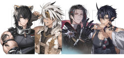  4boys animal_ears arknights arm_strap arm_tattoo black_hair broca_(arknights) brooch cador_(arknights) cape dragon_boy dragon_horns flamebringer_(arknights) glasses gloves gnosis_(arknights) goggles goggles_around_neck highres horns jewelry male_focus multicolored_hair multiple_boys muscular muscular_arms muscular_male necklace pointy_ears red_eyes sleeveless sleeveless_jacket sunglasses tail tattoo tiger_boy tiger_ears tiger_tail upper_body veins veiny_arms vest white_background white_hair yellow_eyes zerg_(z79438659) 
