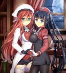  2girls ati_(sekien_no_inganock) aty_(summon_night) black_gloves black_hair black_legwear black_shorts blue_eyes boots breast_press breasts brown_hair cafeore eyebrows eyebrows_visible_through_hair glasses gloves hat highres indoors long_hair looking_at_viewer medium_breasts moon multiple_girls night pantyhose ribbed_sweater short_shorts shorts smile summon_night summon_night_5 sweater symmetrical_docking thigh-highs thigh_boots white_boots white_gloves 