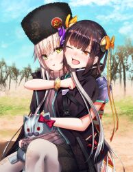  2girls :t armor black_hair black_hat black_jacket blue_sky blunt_bangs blush bow bracelet charlotta_skopovskaya cheek-to-cheek cheek_press chest_harness commentary_request cowboy_shot crying crying_with_eyes_open day eyelashes fur_hat gold_bracelet grey_pantyhose hair_bow hair_ribbon hair_rings harness hat heads_together heaven_burns_red highres hug hug_from_behind jacket jewelry li_yingxia long_hair metako_(slime_shop) multiple_girls one_eye_closed open_mouth orange_bow orange_eyes orange_ribbon outdoors pantyhose papakha ribbon russian_clothes shoulder_armor side_slit sidelocks sitting sky sleeveless stuffed_animal stuffed_cat stuffed_toy sweater tears tongue turtleneck turtleneck_sweater very_long_hair white_pantyhose yellow_eyes 